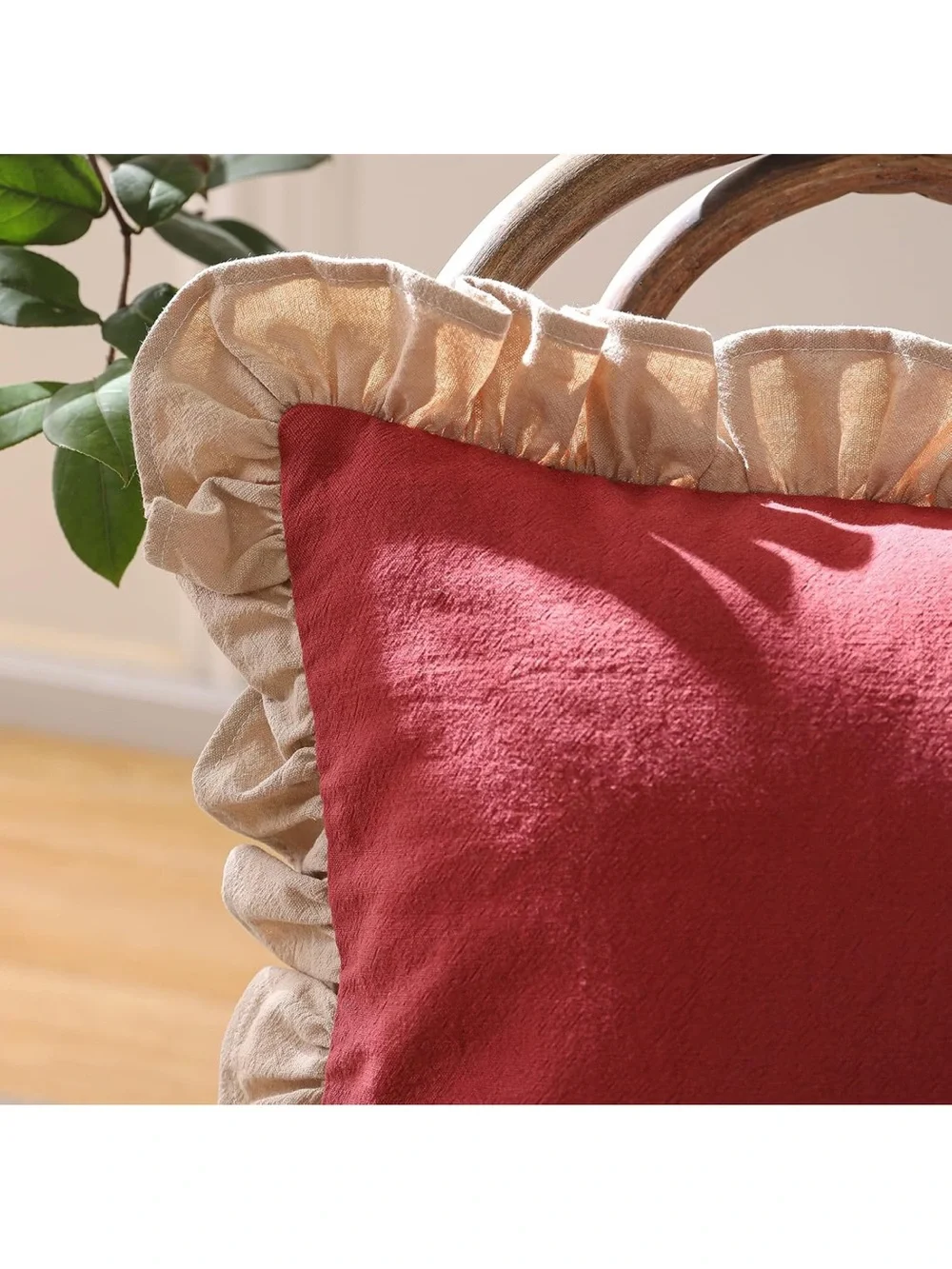 Red Ruffled Throw Pillow Pair with Cream Trim